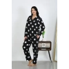 Moda Kadın Büyük Beden Pamuklu Cepli Düğmeli Siyah Pijama Takım