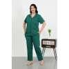 Moda Kadın Büyük Beden Pamuklu Cepli Düğmeli ZümrütYeşili Pijama Takım