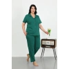 Moda Kadın Büyük Beden Pamuklu Cepli Düğmeli ZümrütYeşili Pijama Takım