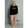 Moda Kadın Büyük Beden Penye Uzun Kol Pijama Takım Siyah