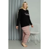 Moda Kadın Büyük Beden Penye Uzun Kol Pijama Takım Siyah