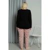 Moda Kadın Büyük Beden Penye Uzun Kol Pijama Takım Siyah