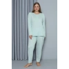 Moda Kadın Büyük Beden Penye Uzun Kol Pijama Takım Su Yeşili