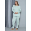 Moda Kadın Büyük Beden Penye Uzun Kol Pijama Takım Su Yeşili