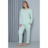 Moda Kadın Büyük Beden Penye Uzun Kol Pijama Takım Su Yeşili