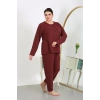 Moda Kadın Büyük Beden Uzun Kol Penye Pijama Takımı Bordo