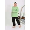 Moda Kadın Büyük Beden Uzun Kol Penye Pijama Takımı Fıstık Yeşili