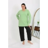 Moda Kadın Büyük Beden Uzun Kol Penye Pijama Takımı Fıstık Yeşili