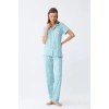 Moda Kadın Buz Mavisi Yıldız Desenli Önden Düğmeli Pijama Takımı