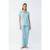 Moda Kadın Buz Mavisi Yıldız Desenli Önden Düğmeli Pijama Takımı