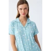 Moda Kadın Buz Mavisi Yıldız Desenli Önden Düğmeli Pijama Takımı
