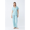 Moda Kadın Buz Mavisi Yıldız Desenli Önden Düğmeli Pijama Takımı