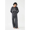 Moda Kadın Füme Kova Burcu Oversize 2 İplik Eşofman Ev Giyim Takımı