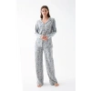 Moda Kadın Gri Desenli Düğmeli Pamuklu Pijama Takımı