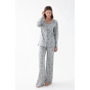 Moda Kadın Gri Desenli Düğmeli Pamuklu Pijama Takımı