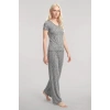 Moda Kadın Gri V Yaka Yumuşak Dokulu Pijama Takımı Rahat Günlük Ev Giyim Seti