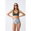 Moda Kadın Haki Pedli Üst ve Yüksek Bel Çiçek Desenli Bikini Takımı