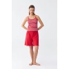Moda Kadın İp Askılı Pamuk Penye Şortlu Takım Kırmızı
