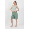 Moda Kadın Kalın Askılı Pamuk Penye Şortlu Crop Takım SuYeşili