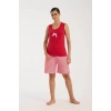 Moda Kadın Kırmızı Kurdele Detaylı Çizgili Şortlu Pijama Takımı
