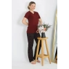 Moda Kadın Kısa Kol Pamuk Penye Pijama Takım Bordo