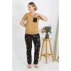 Moda Kadın Kısa Kol Pamuk Penye Pijama Takım Hardal