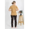 Moda Kadın Kısa Kol Pamuk Penye Pijama Takım Hardal