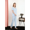 Moda Kadın Kısa Kol Pamuk Penye Pijama Takım Mavi