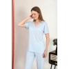Moda Kadın Kısa Kol Pamuk Penye Pijama Takım Mavi