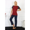 Moda Kadın Kolu Dantelli Penye Pijama Takım Bordo