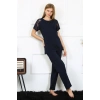 Moda Kadın Kolu Dantelli Penye Pijama Takım Lacivert