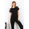 Moda Kadın Kolu Dantelli Penye Pijama Takım Siyah