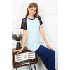 Moda Kadın Kolu Dantelli Penye Pijama Takım Su Yeşili