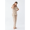Moda Kadın Krem Rengi Kalp Desenli Önden Düğmeli Pijama Takımı
