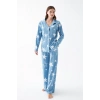 Moda Kadın Mavi Yıldız Desenli Düğmeli Pamuklu Pijama Takımı