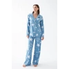 Moda Kadın Mavi Yıldız Desenli Düğmeli Pamuklu Pijama Takımı