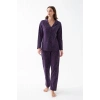 Moda Kadın Mor Düğmeli Yaka Detaylı Desenli Pamuklu Pijama Takımı