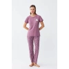 Moda Kadın Mor Patili Tavşan Baskılı Cepli Pijama Takımı
