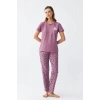 Moda Kadın Mor Patili Tavşan Baskılı Cepli Pijama Takımı