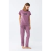 Moda Kadın Mor Yıldız Desenli Penye Kısa Kol Pijama Takımı