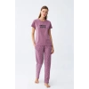 Moda Kadın Mor Yıldız Desenli Penye Kısa Kol Pijama Takımı