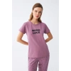 Moda Kadın Mor Yıldız Desenli Penye Kısa Kol Pijama Takımı