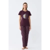 Moda Kadın Mürdüm Papatya Baskılı Kısa Kollu Penye Pijama Takımı