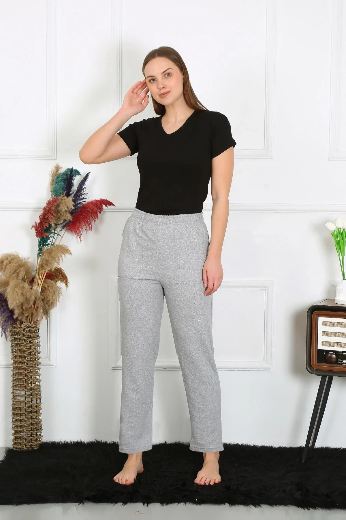 Moda Kadın Pamuk Cepli 3 İplik Alt Eşofman Gri