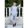 Moda Kadın Pamuk Kapşonlu Cepli 3 İplik Gri Eşofman Takım