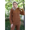 Moda Kadın Pamuk Kapşonlu Cepli 3 İplik Kahve Eşofman Takım