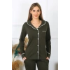 Moda Kadın Pamuk Penye Önden Düğmeli Uzun Kol Haki Pijama Takım