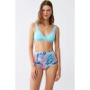 Moda Kadın Pedli Üst Tropik Desenli Yüksek Bel Bikini Takımı - Buz Mavisi