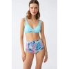 Moda Kadın Pedli Üst Tropik Desenli Yüksek Bel Bikini Takımı - Buz Mavisi