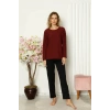 Moda Kadın Penye Uzun Kol Pijama Takım Bordo